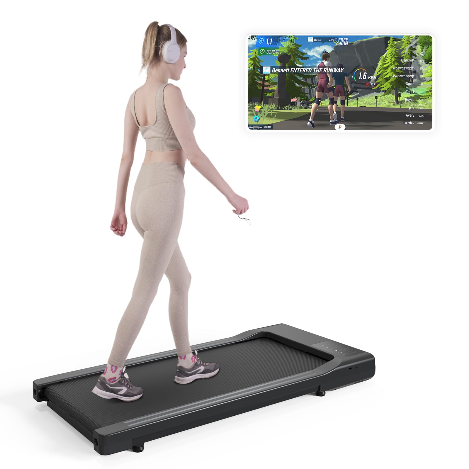 Lacuffy Raceable Walking Pad geeignet für High-Tech Wearable Devices, Max 136/159kg APP-Steuerung unter dem Schreibtisch Laufband mit AI-Training und Multi-Runner-Rennen