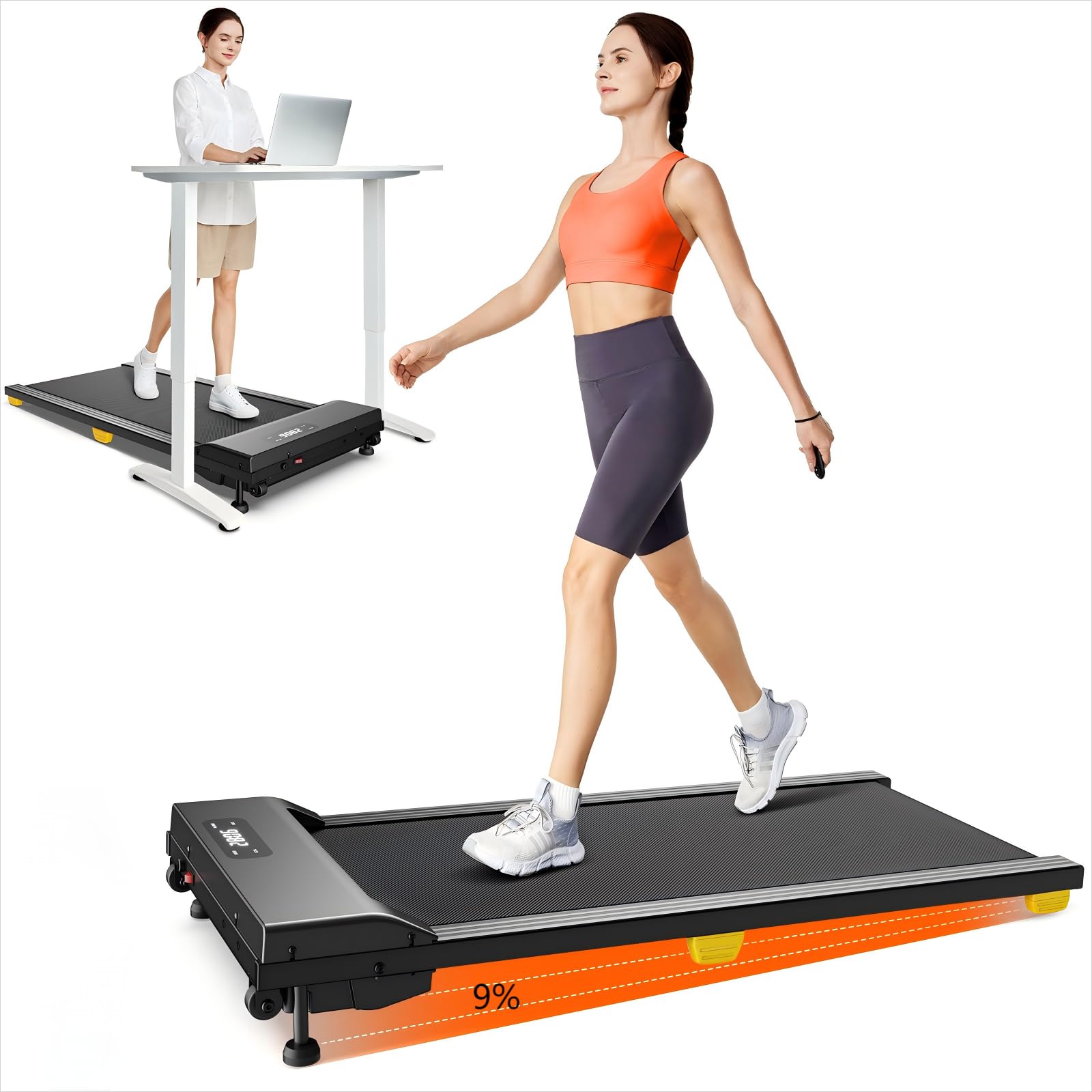 Walking Pad mit 9% Steigung, Walking Pad mit Sechs-Punkt-Stoßdämpfung, leises Laufband Schreibtisch, 2,5 Pferdestärken Laufband für Zuhause/Büro