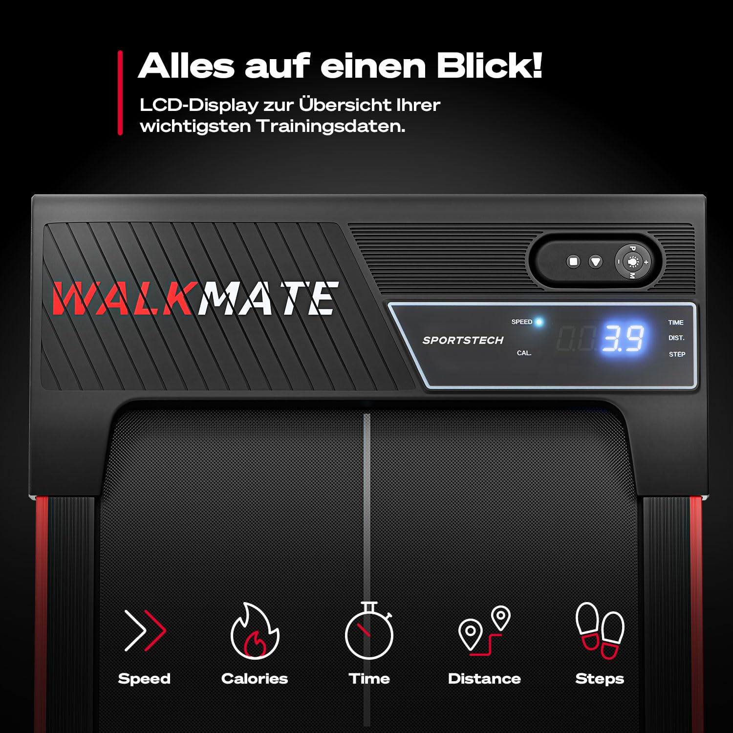 Sportstech Walking Pad bis 6 km/h – manuelle Steigung bis 9%, inklusive App Mitgliedschaft, LCD Display, Schrittzähler, leicht & kompakt, Transportrollen, WalkMate bis 120kg Nutzergewicht