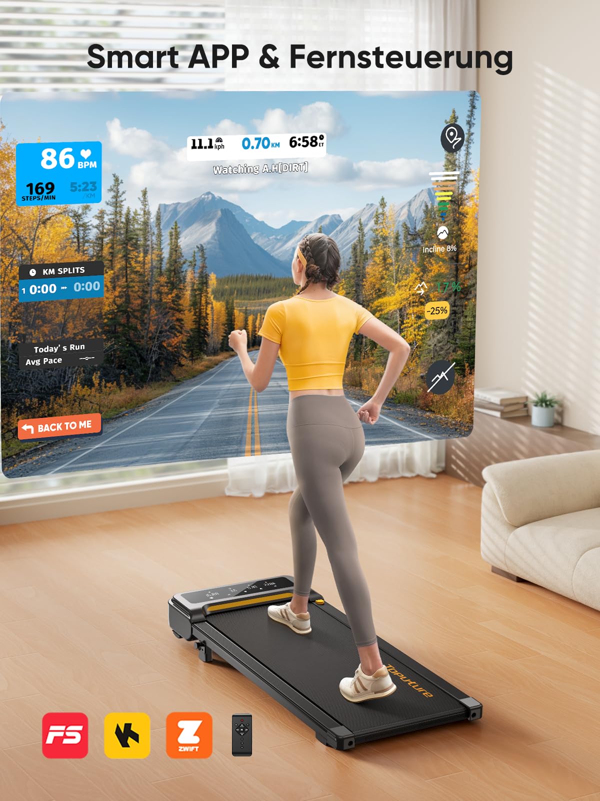 Laufband für Zuhause mit Neigung, 1-10 km/h Walking pad, Elektrisches Laufband mit Steigung, 2.5HP Walking Machine für Zuhause & Büro, Fernbedienung und App, Keine Montage Erforderlich