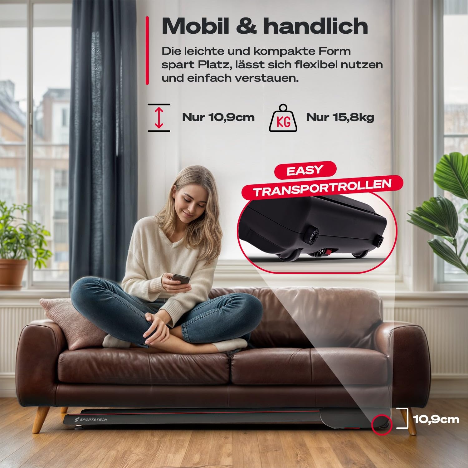Sportstech Walking Pad bis 6 km/h – manuelle Steigung bis 9%, inklusive App Mitgliedschaft, LCD Display, Schrittzähler, leicht & kompakt, Transportrollen, WalkMate bis 120kg Nutzergewicht