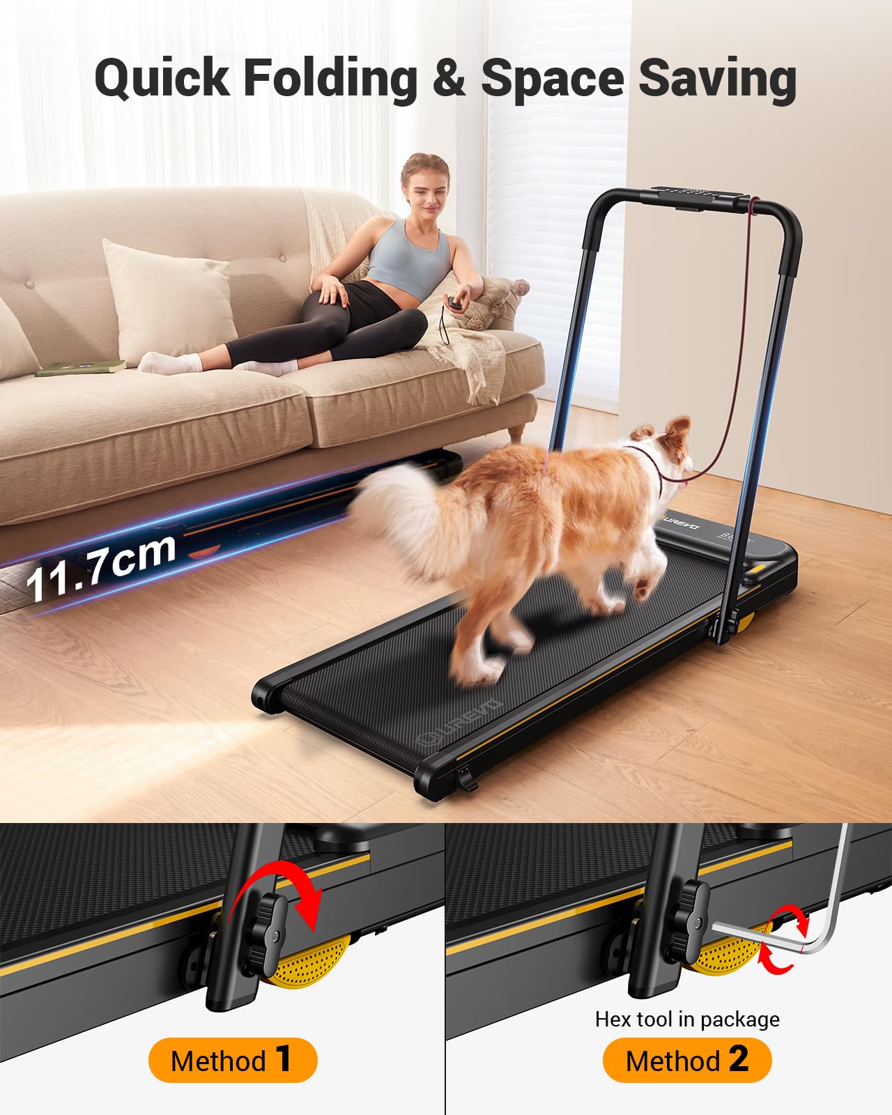 UREVO 2 in 1 Laufband für zuhause mit APP, Walking pad mit doppelter Stoßdämpfung, 1-10 km/h Laufband Klappbar mit Fernbedienung und LED-Anzeige für Zuhause/Büro