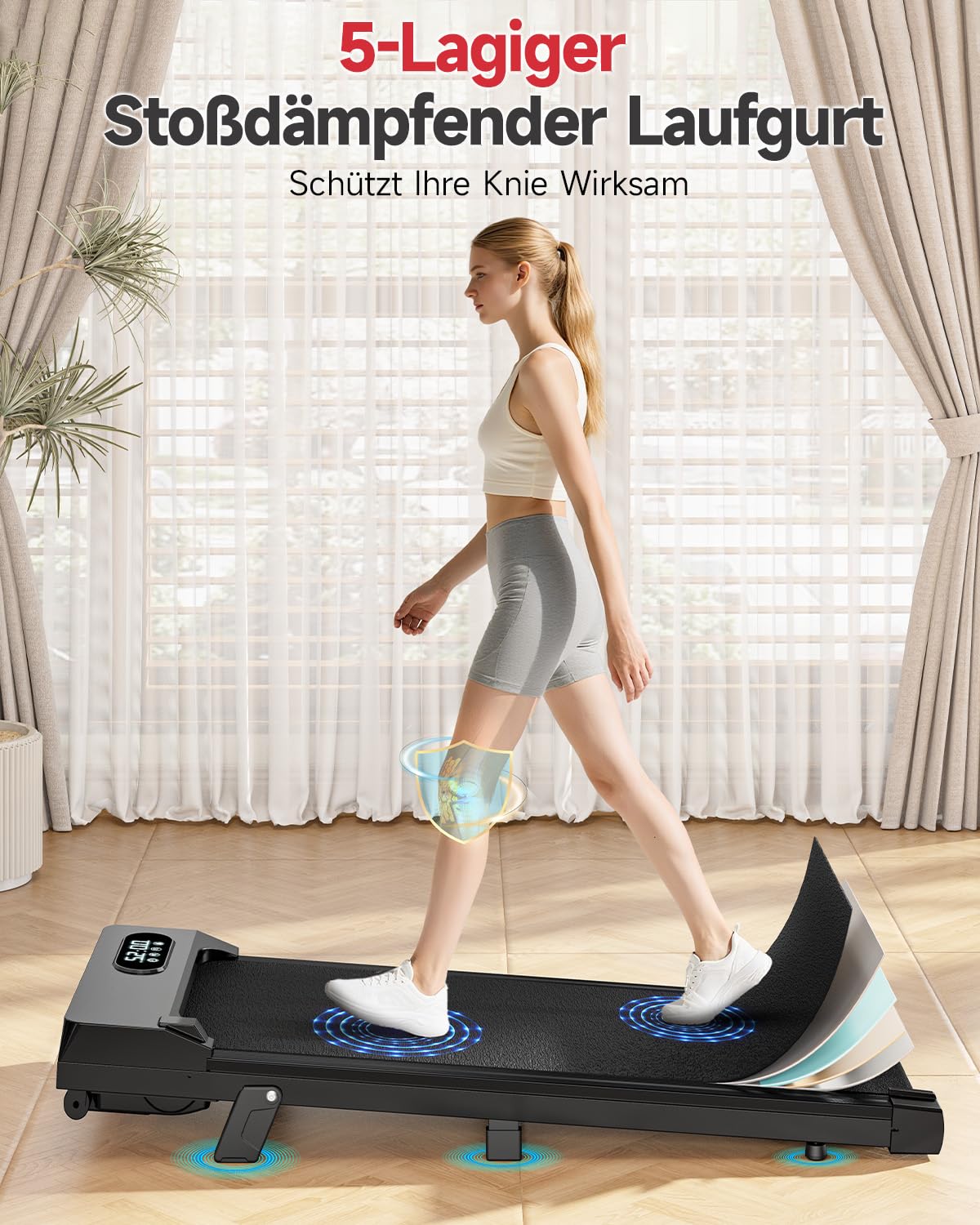 HomeFitnessCode Walking Pad für Zuhause mit Neigung - Laufband Laufpad Steigung Walkpad Untertisch Elektrisch 1-8 KMH Walking Band, Glänzend Schwarz