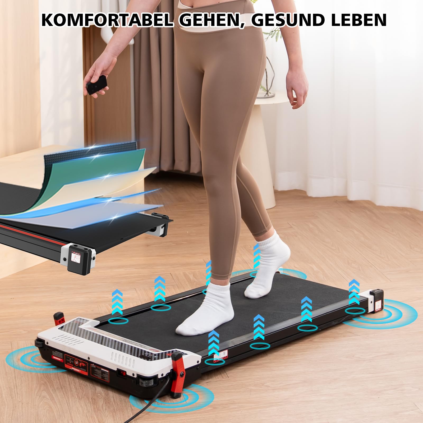 LIKESPORTING Laufband mit Fußberuhigungsfunktion – Zusammenklappbar, mit Neigungswinkel und Fernbedienung, perfekt für den Einsatz im Büro und zu Hause. Geräuscharm, 1-6 km/h, Maximalgewicht 120 kg