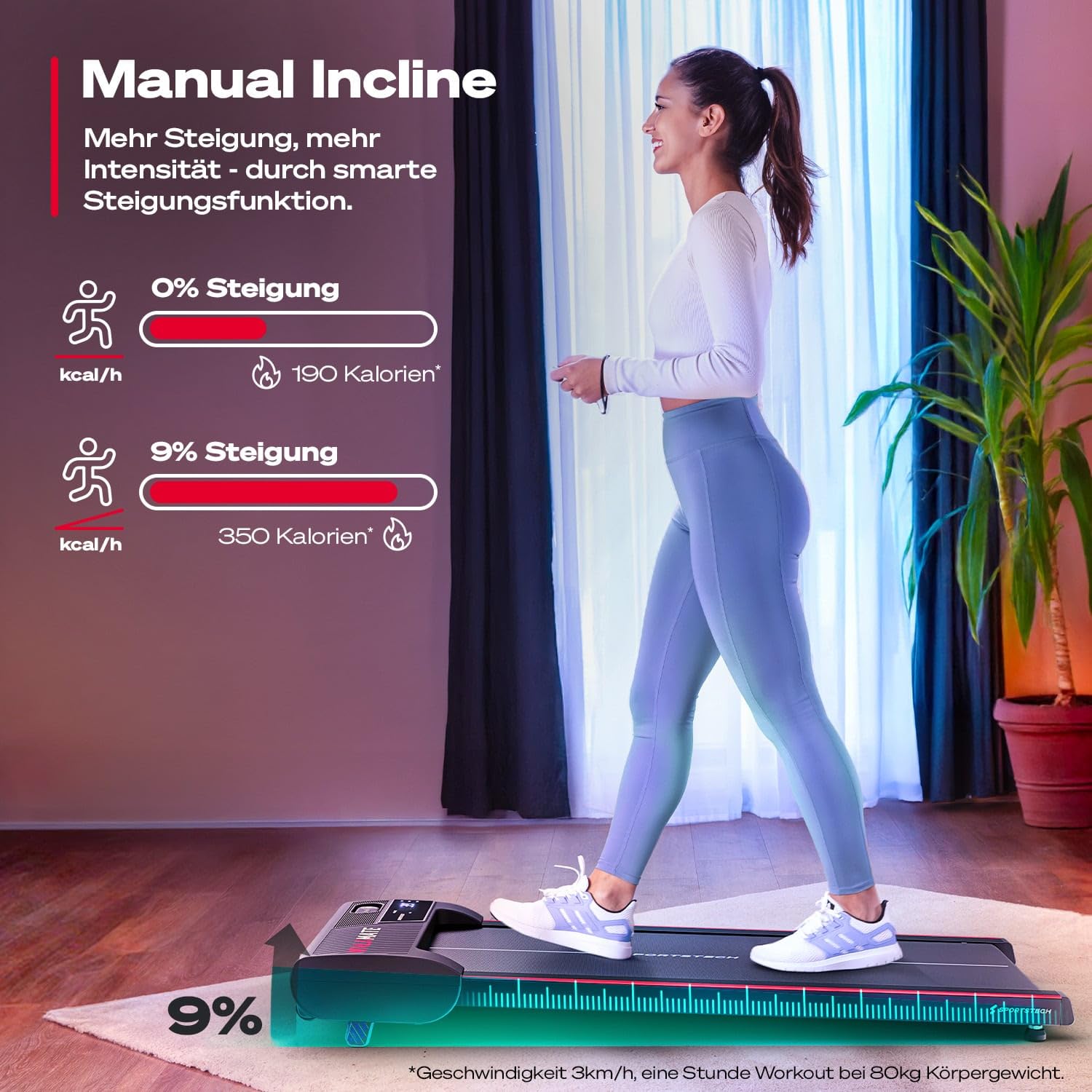 Sportstech Walking Pad bis 6 km/h – manuelle Steigung bis 9%, inklusive App Mitgliedschaft, LCD Display, Schrittzähler, leicht & kompakt, Transportrollen, WalkMate bis 120kg Nutzergewicht