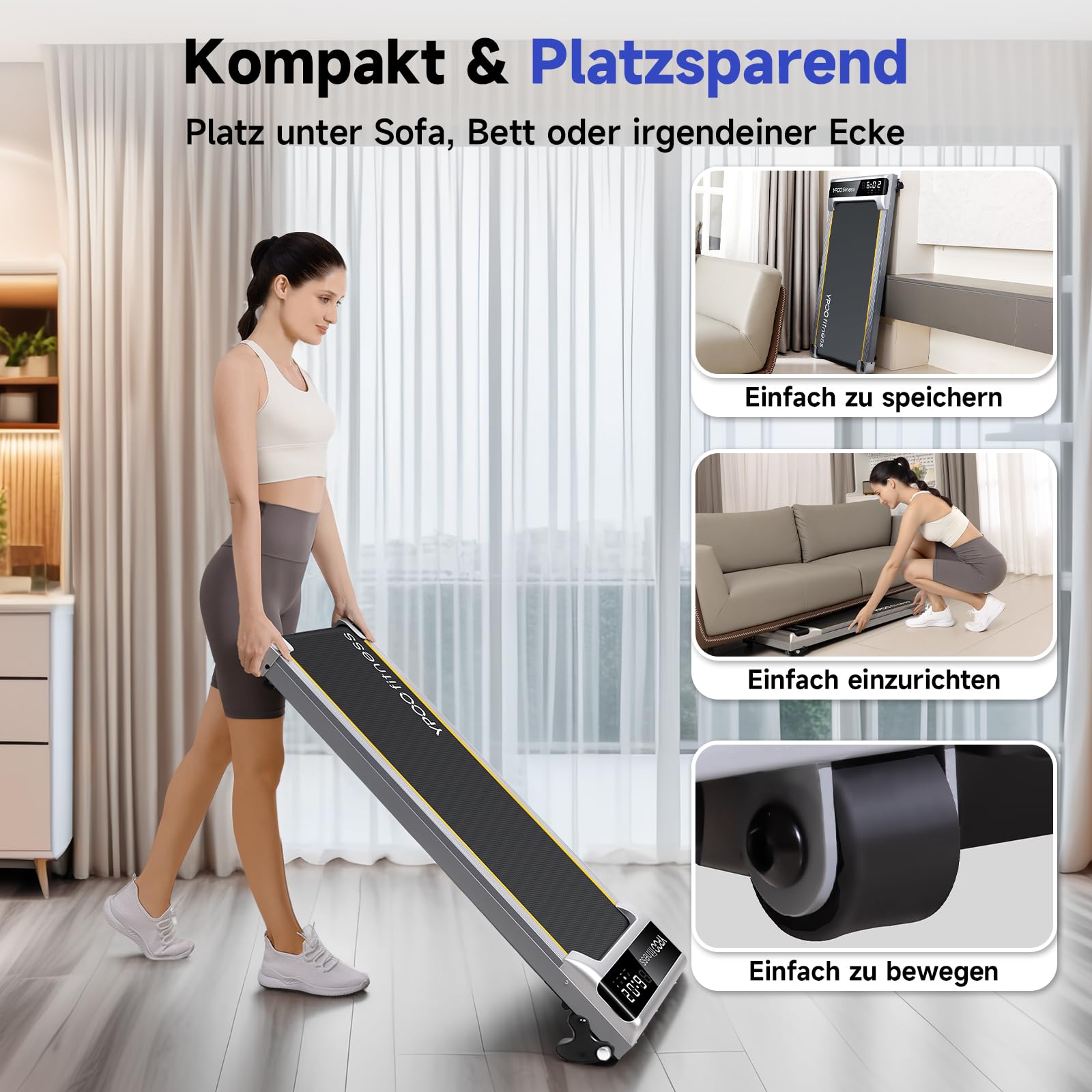 YPOO Walking Pad mit Steigung, 1-6km/h Laufband Zuhause Büro mit Neigung, 140kg Walking Pad Leise, Klein Laufband Schreibtisch, Mini Laufpad 2.5HP Treadmill Home, LED-Anzeige/Fernbedienung/APP