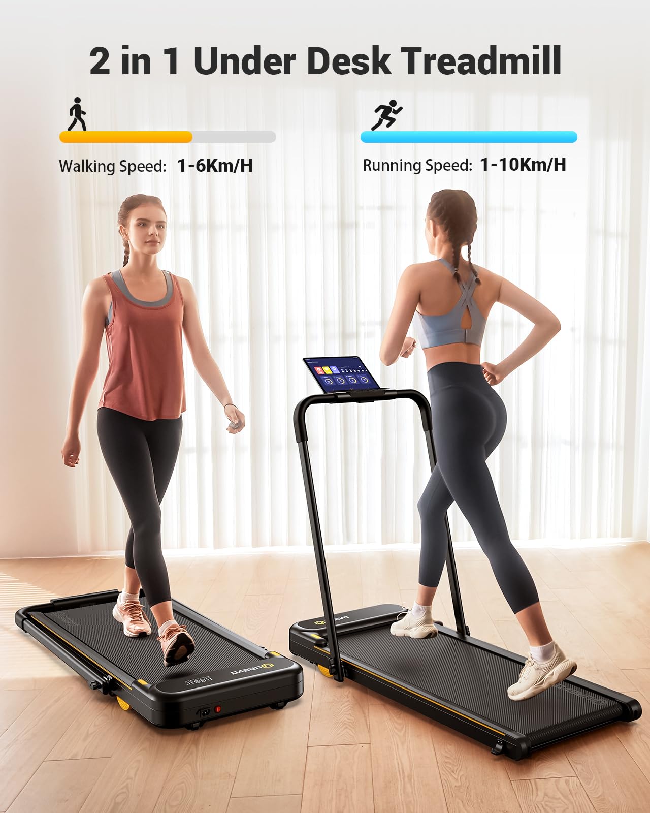 UREVO 2 in 1 Laufband für zuhause mit APP, Walking pad mit doppelter Stoßdämpfung, 1-10 km/h Laufband Klappbar mit Fernbedienung und LED-Anzeige für Zuhause/Büro