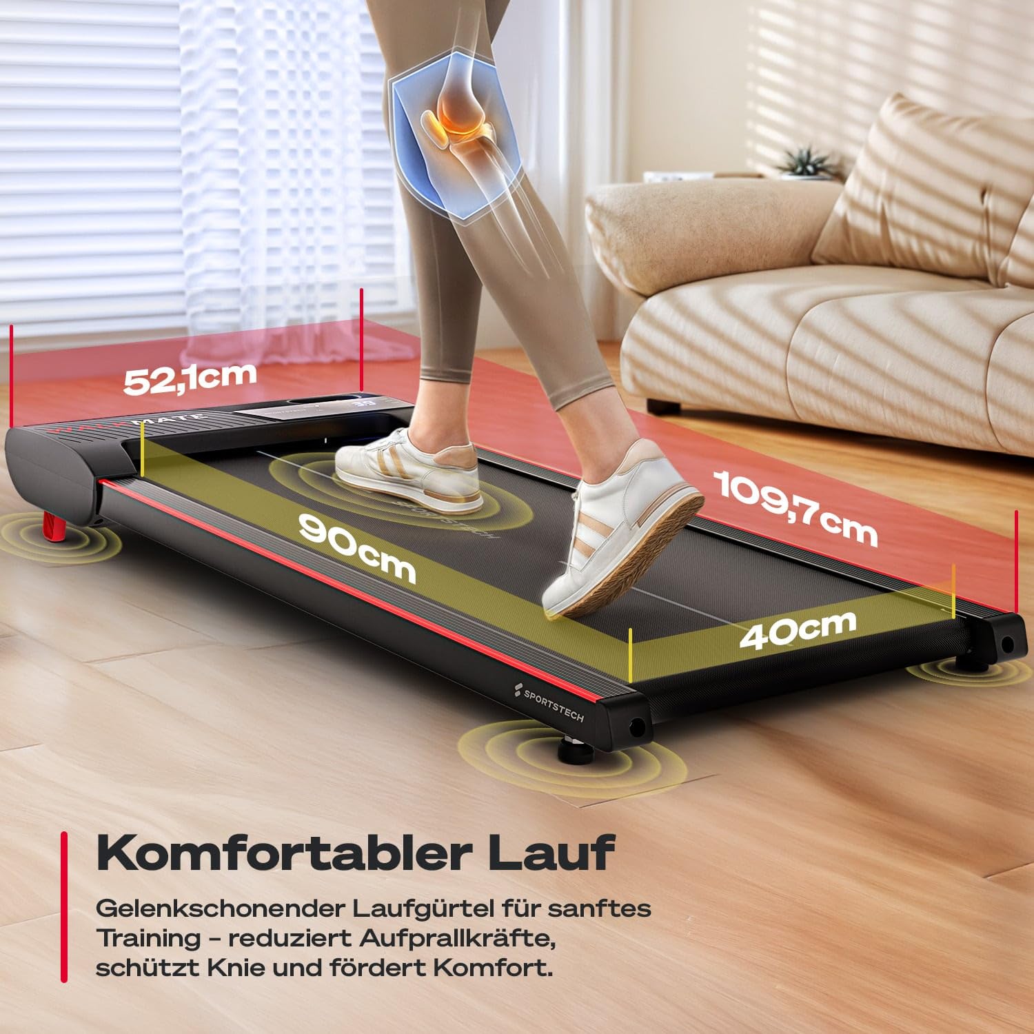 Sportstech Walking Pad bis 6 km/h – manuelle Steigung bis 9%, inklusive App Mitgliedschaft, LCD Display, Schrittzähler, leicht & kompakt, Transportrollen, WalkMate bis 120kg Nutzergewicht