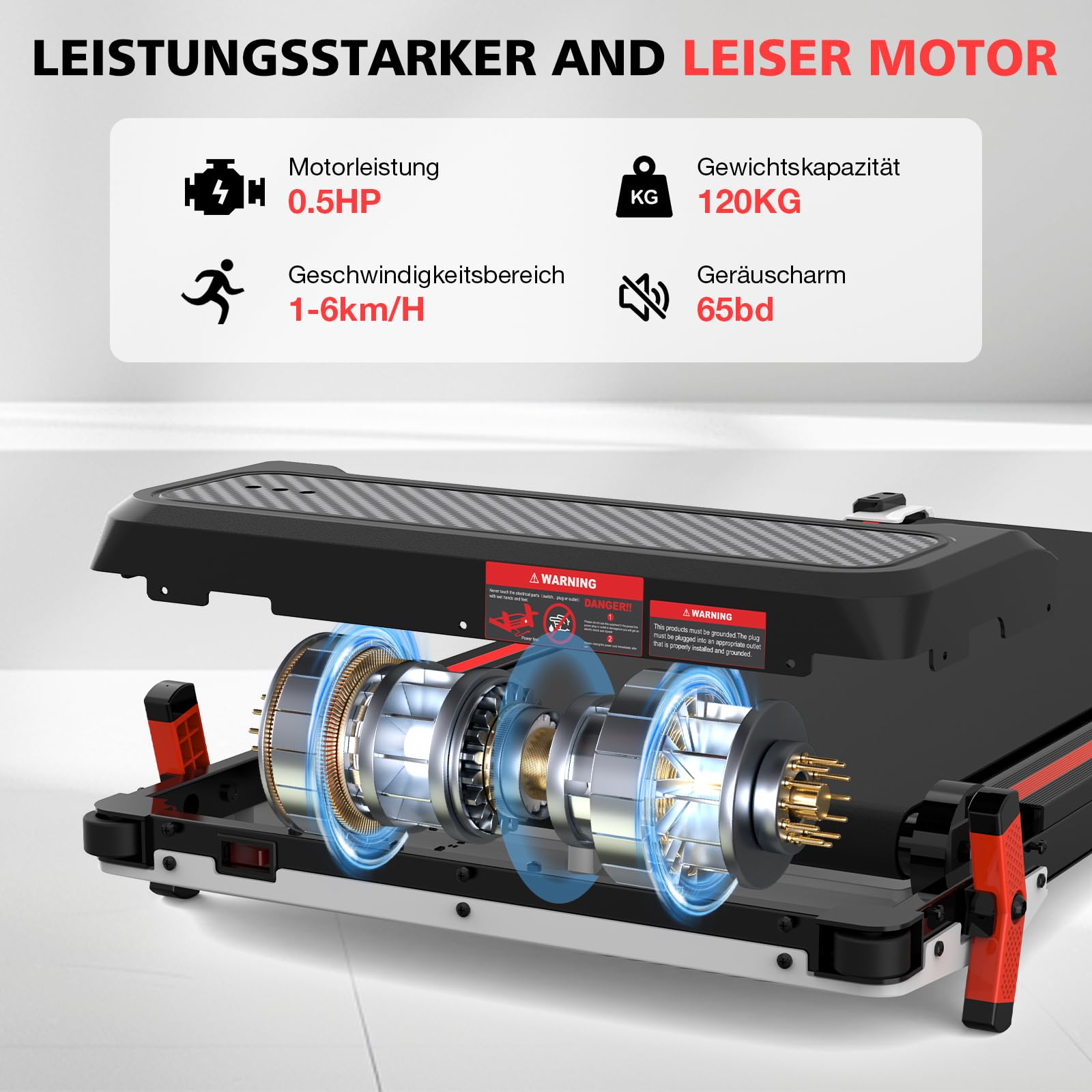 LIKESPORTING Laufband mit Fußberuhigungsfunktion – Zusammenklappbar, mit Neigungswinkel und Fernbedienung, perfekt für den Einsatz im Büro und zu Hause. Geräuscharm, 1-6 km/h, Maximalgewicht 120 kg