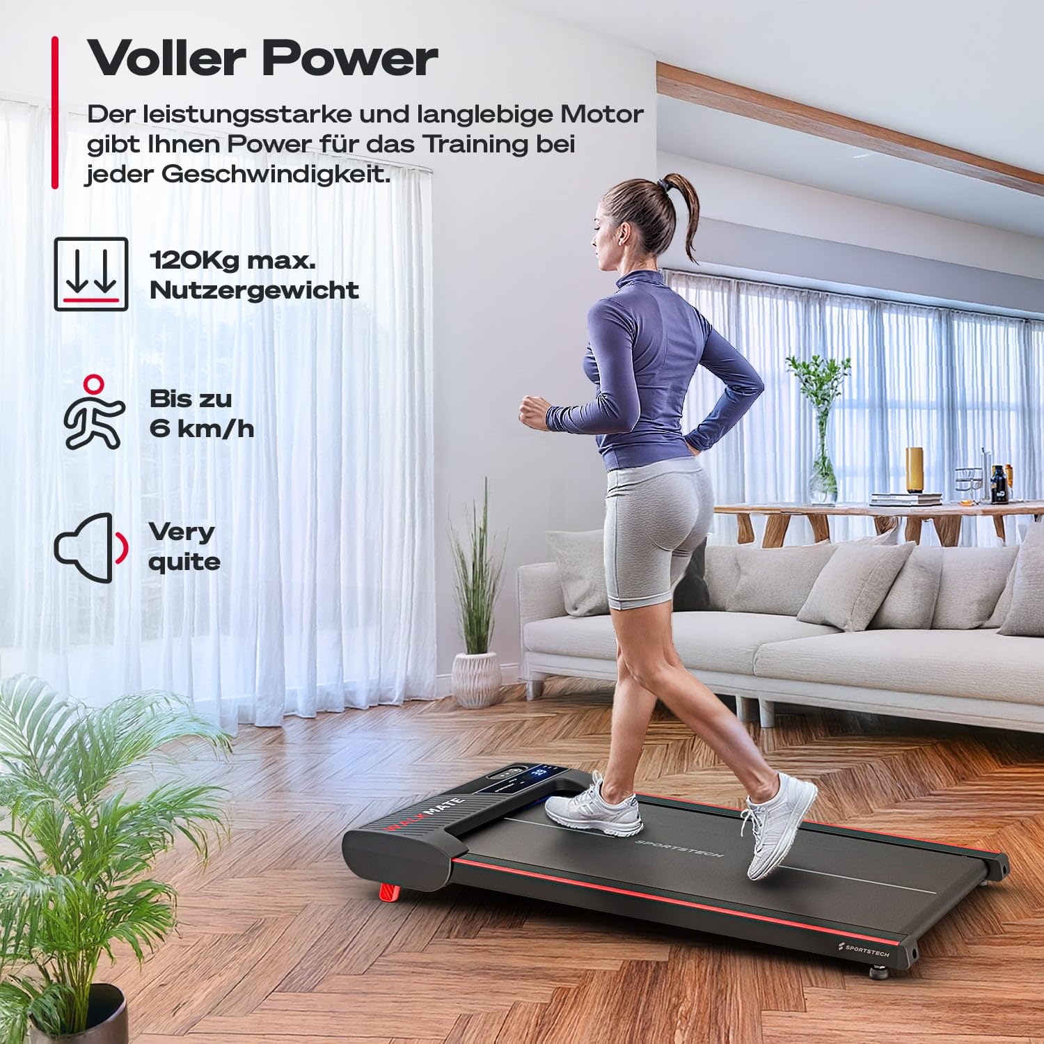 Sportstech Walking Pad bis 6 km/h – manuelle Steigung bis 9%, inklusive App Mitgliedschaft, LCD Display, Schrittzähler, leicht & kompakt, Transportrollen, WalkMate bis 120kg Nutzergewicht