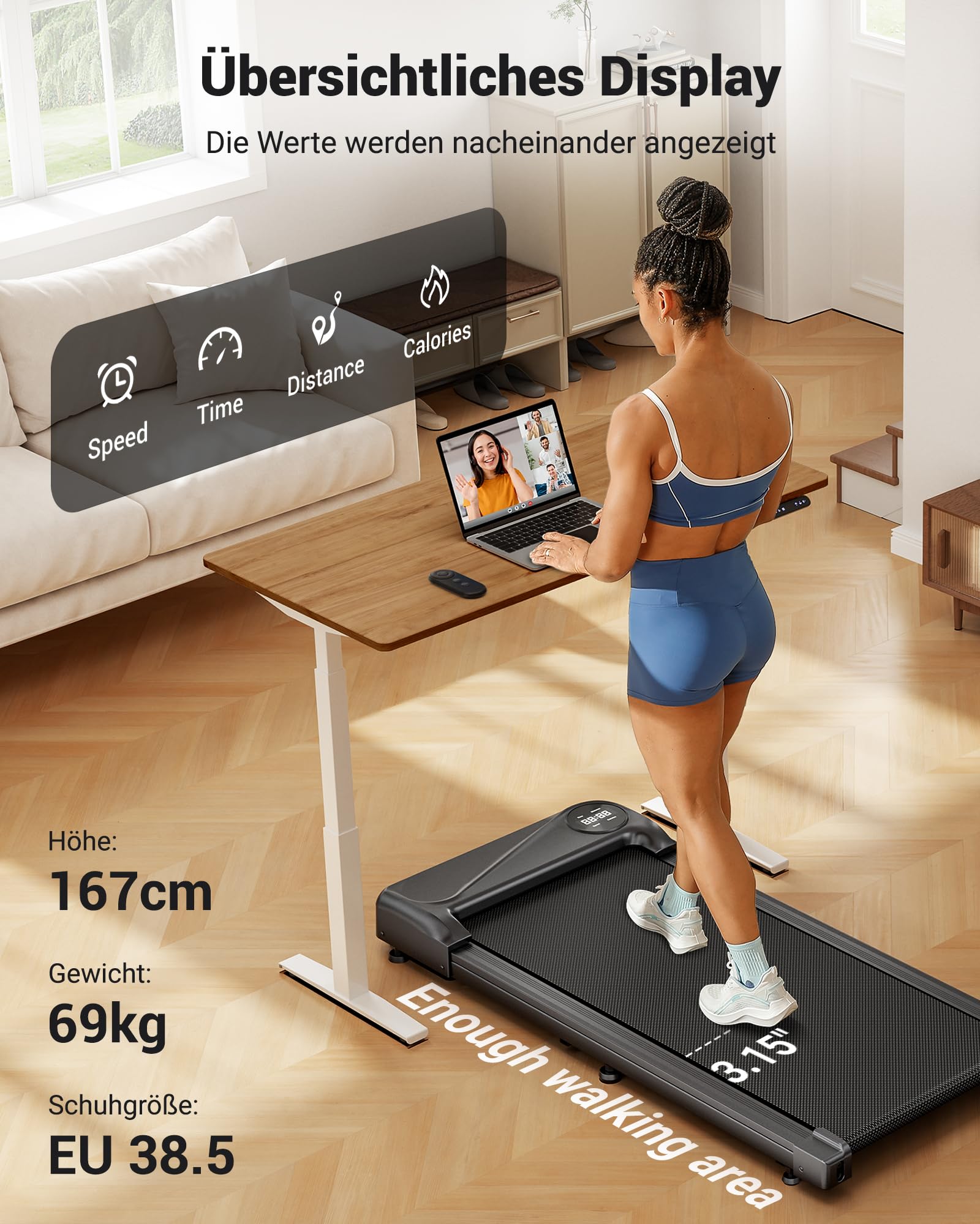 THERUN Schreibtisch Walking Pad mit Leise 2,5 PS-Motor, 2 in 1 Kleines Laufband mit Fernbedienung und LED-Panel für Zuhause und Büro