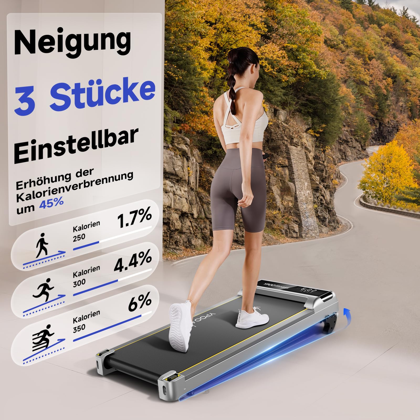 YPOO Walking Pad mit Steigung, 1-6km/h Laufband Zuhause Büro mit Neigung, 140kg Walking Pad Leise, Klein Laufband Schreibtisch, Mini Laufpad 2.5HP Treadmill Home, LED-Anzeige/Fernbedienung/APP