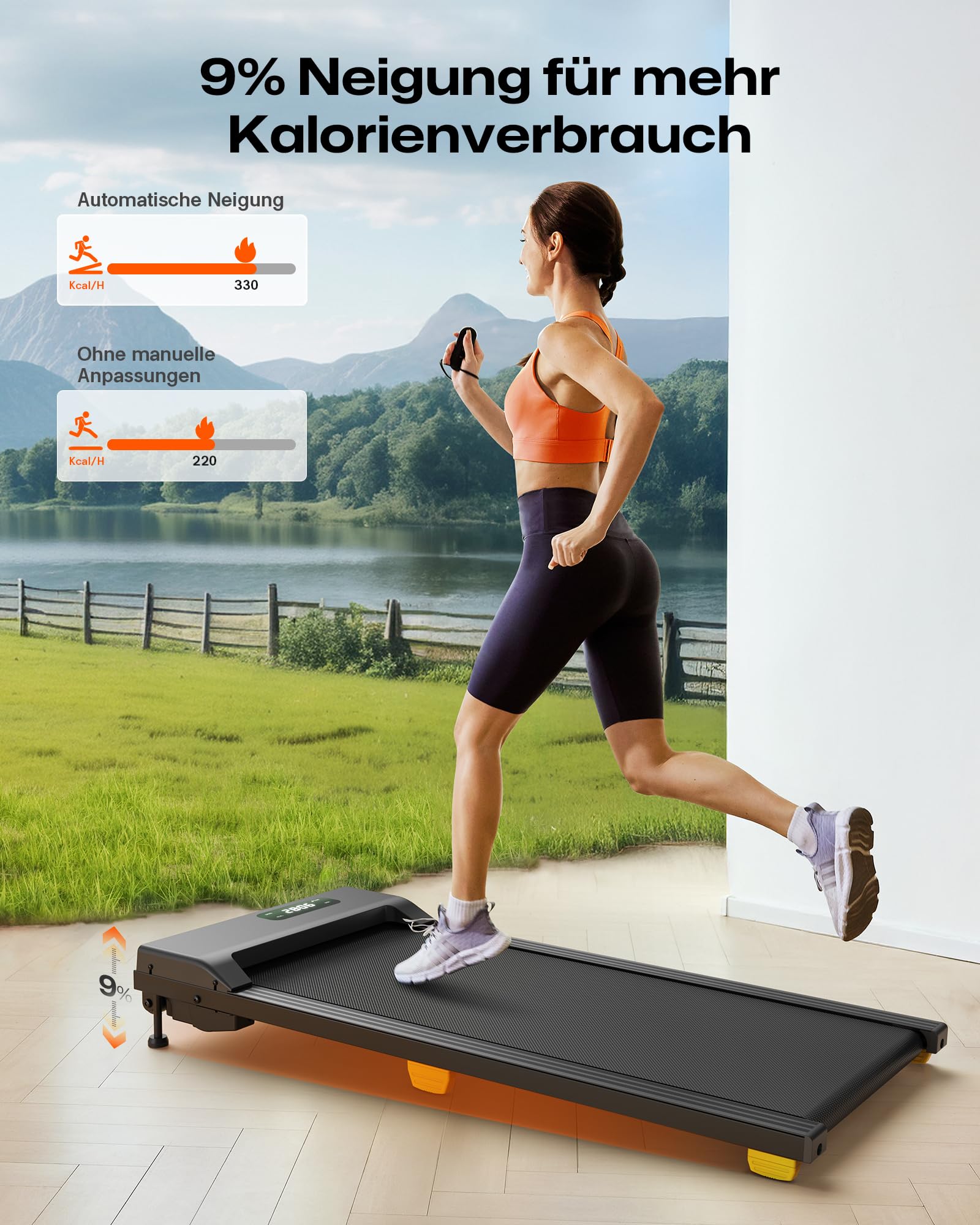 UREVO Walking Pad mit 9% Steigung, leises Laufband Schreibtisch mit Sechs-Punkt-Stoßdämpfung, 2,5 Pferdestärken Laufband für Zuhause/Büro, Fernbedienung, Keine Montage Erforderlich