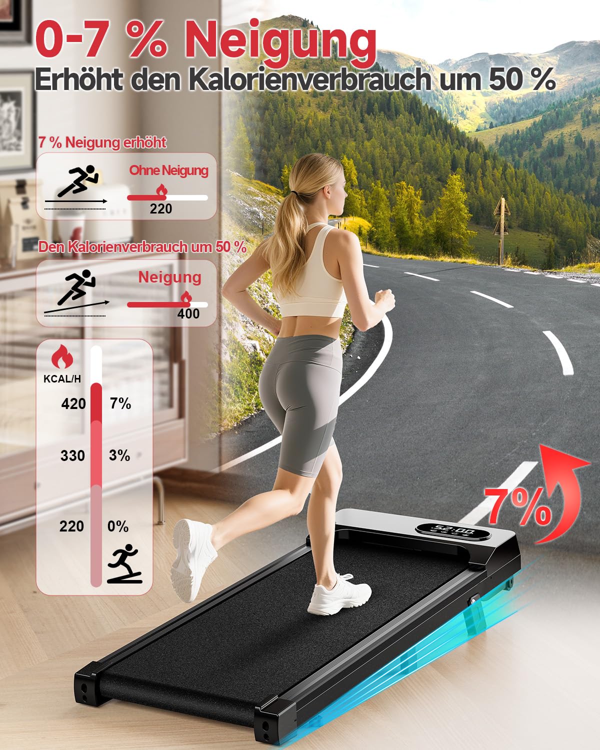 HomeFitnessCode Walking Pad für Zuhause mit Neigung - Laufband Laufpad Steigung Walkpad Untertisch Elektrisch 1-8 KMH Walking Band, Glänzend Schwarz