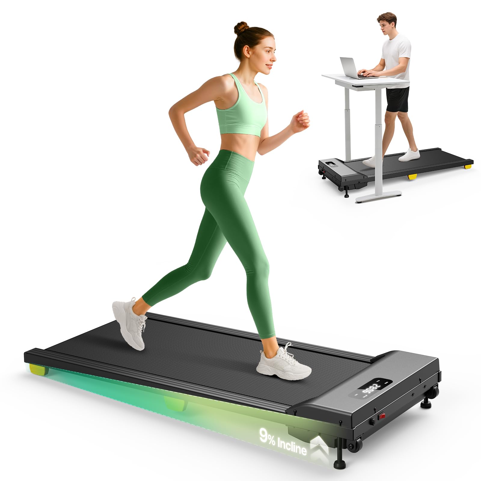 UREVO Walking Pad mit 9% Steigung, leises Laufband Schreibtisch mit Sechs-Punkt-Stoßdämpfung, ‎2,5 Pferdestärken Laufband für Zuhause/Büro, Fernbedienung, Keine Montage Erforderlich