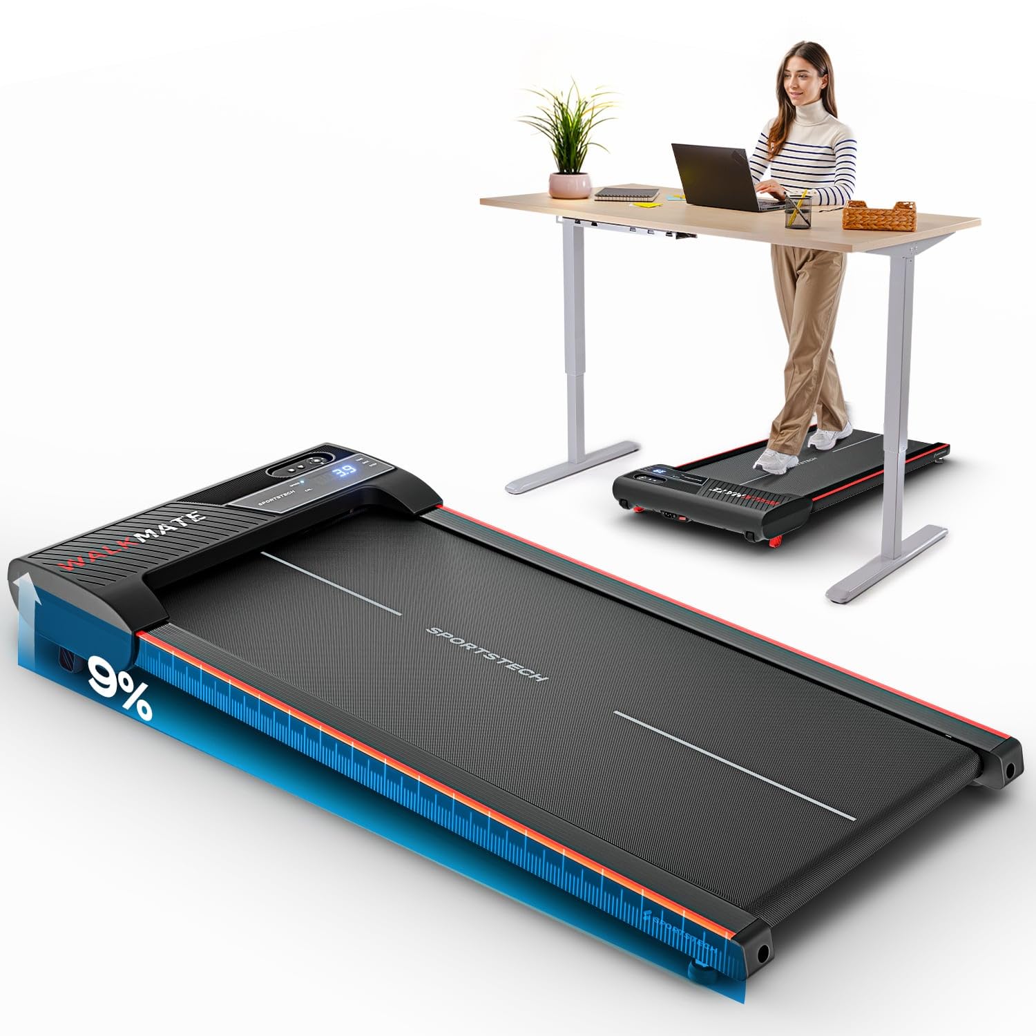 Sportstech Walking Pad bis 6 km/h – manuelle Steigung bis 9%, inklusive App Mitgliedschaft, LCD Display, Schrittzähler, leicht & kompakt, Transportrollen, WalkMate bis 120kg Nutzergewicht