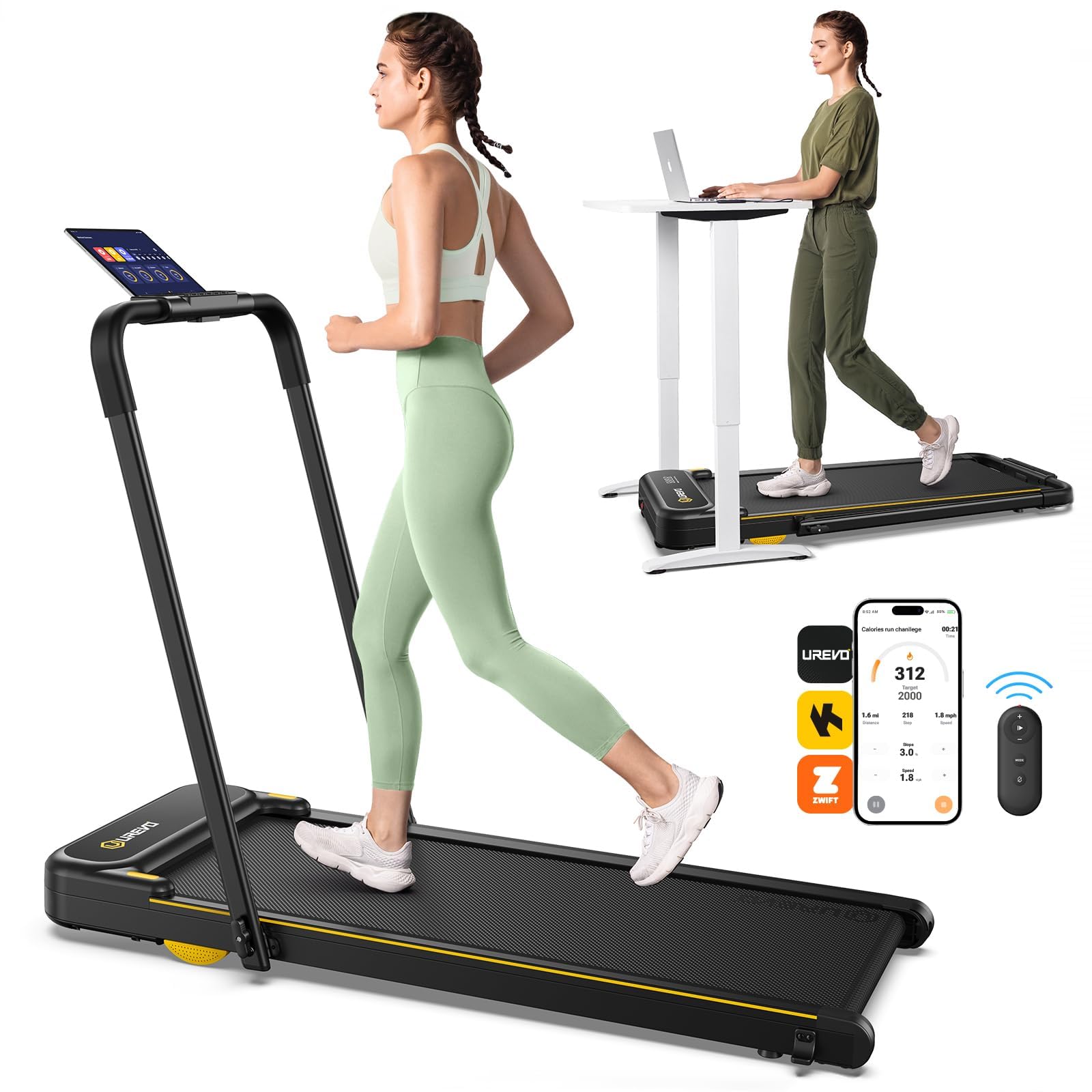 UREVO 2 in 1 Laufband für zuhause mit APP, Walking pad mit doppelter Stoßdämpfung, ‎1-10 km/h Laufband Klappbar mit Fernbedienung und LED-Anzeige für Zuhause/Büro
