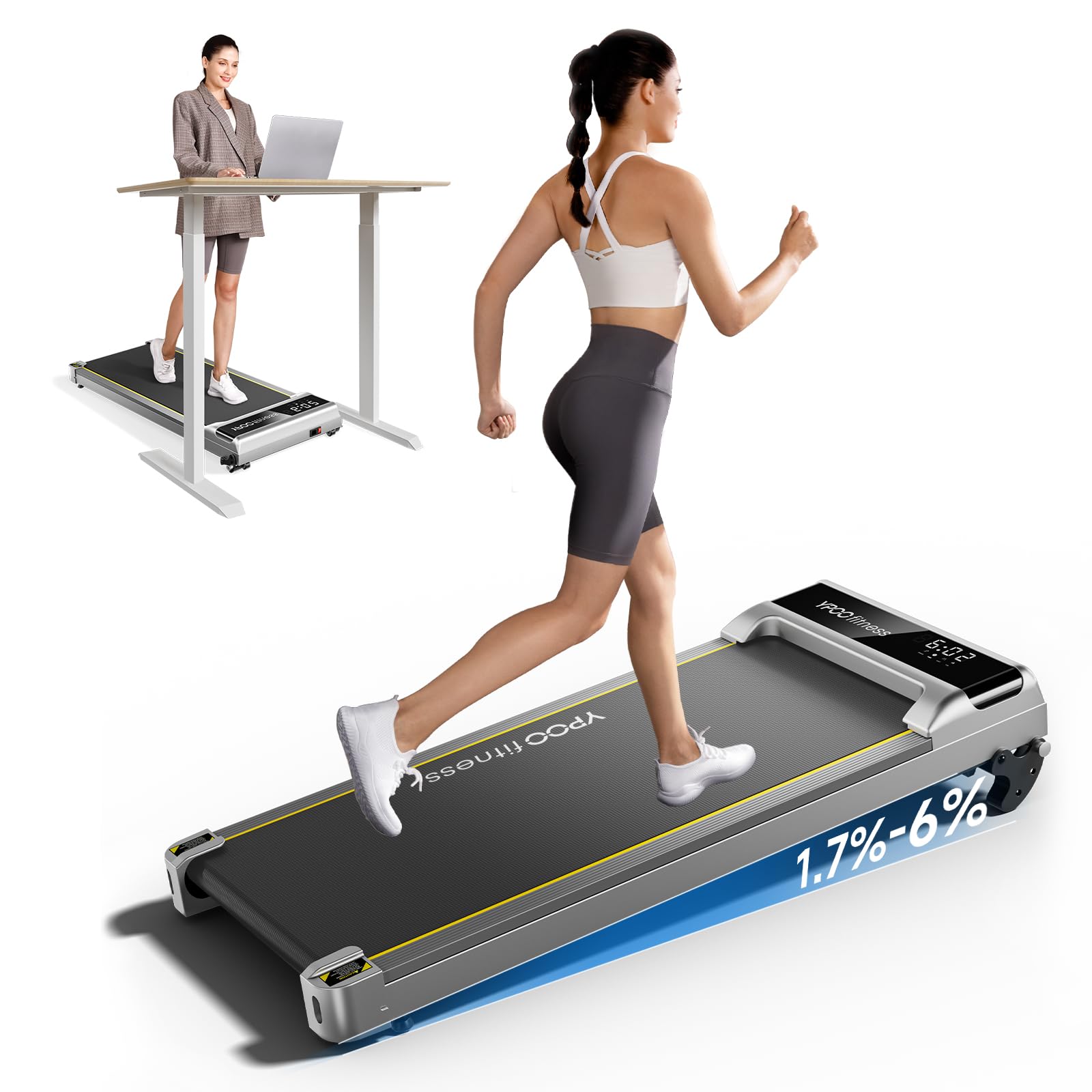 YPOO Walking Pad mit Steigung, 1-6km/h Laufband Zuhause Büro mit Neigung, 140kg Walking Pad Leise, Klein Laufband Schreibtisch, Mini Laufpad 2.5HP Treadmill Home, LED-Anzeige/Fernbedienung/APP