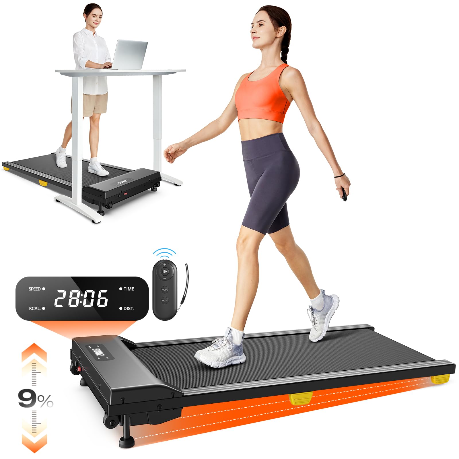 UREVO Walking Pad mit 9% Steigung, leises Laufband Schreibtisch mit Sechs-Punkt-Stoßdämpfung, ‎2,5 Pferdestärken Laufband für Zuhause/Büro, Fernbedienung, Keine Montage Erforderlich