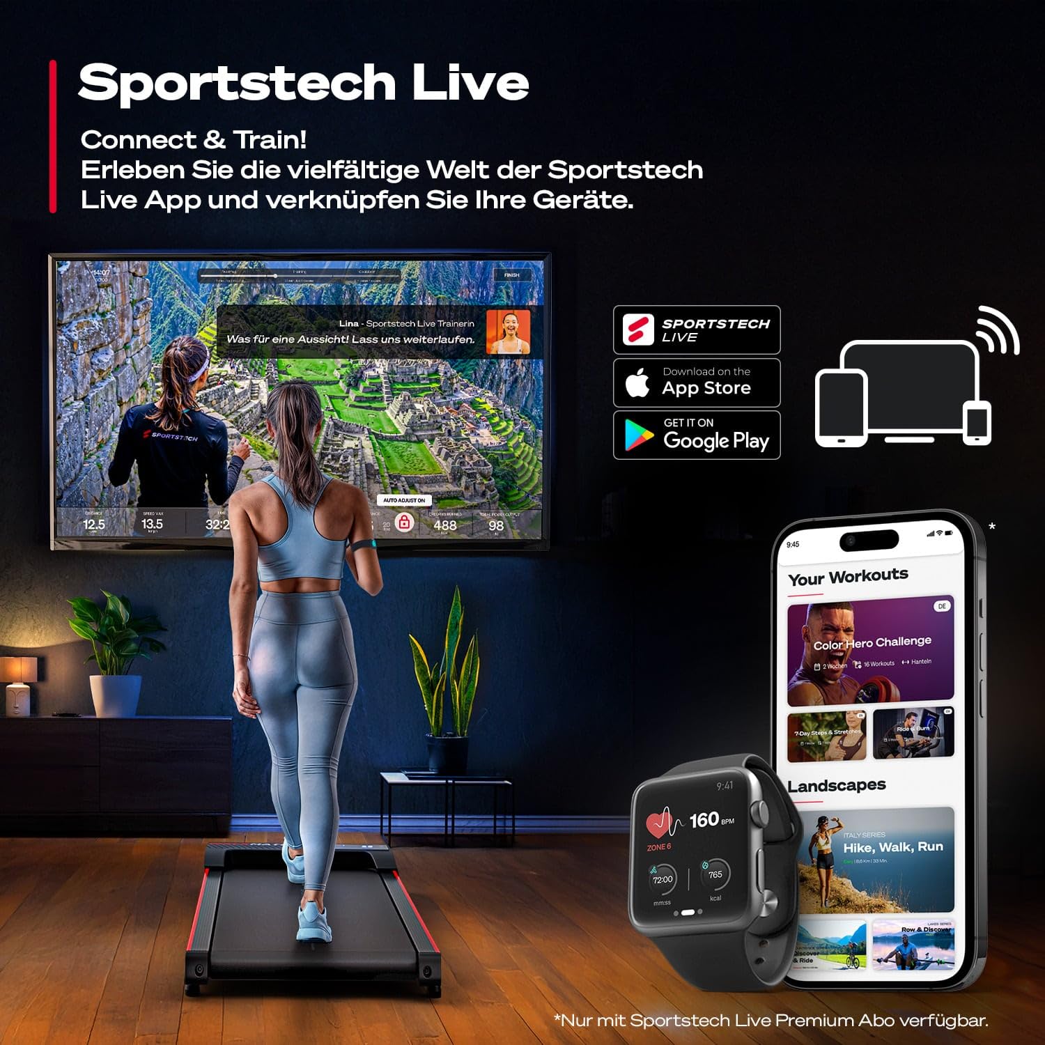 Sportstech Walking Pad bis 6 km/h – manuelle Steigung bis 9%, inklusive App Mitgliedschaft, LCD Display, Schrittzähler, leicht & kompakt, Transportrollen, WalkMate bis 120kg Nutzergewicht